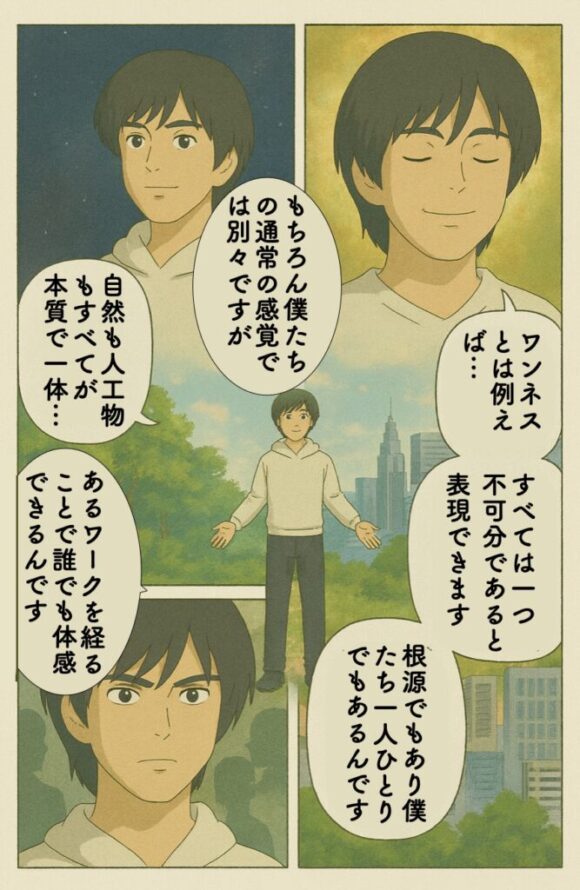 ワンネスとは例えば、「すべては一つである」「不可分である」「全一である」ことと表現できます。（「表現できます」と言うのは、事実からすれば、本来ワンネスを言い表す言葉がないからです。そもそもワンネスという言葉自体も「？」です。だからこれも1つの表現でしかないと受け止めてください。) それは、宇宙であり、根源でもあり、僕たち一人ひとりでもあります。もちろん僕たちの通常の感覚では「別々」です。しかし一定の「ワーク」のプロセスを経ることで、「ワンネスである」「本質のもと一体である」とわかるんです（体感する）。僕も、あなたも、野生動物も、自然の鉱物も、人工的なアスファルトやコンクリートも、すべてが本質で一体です。