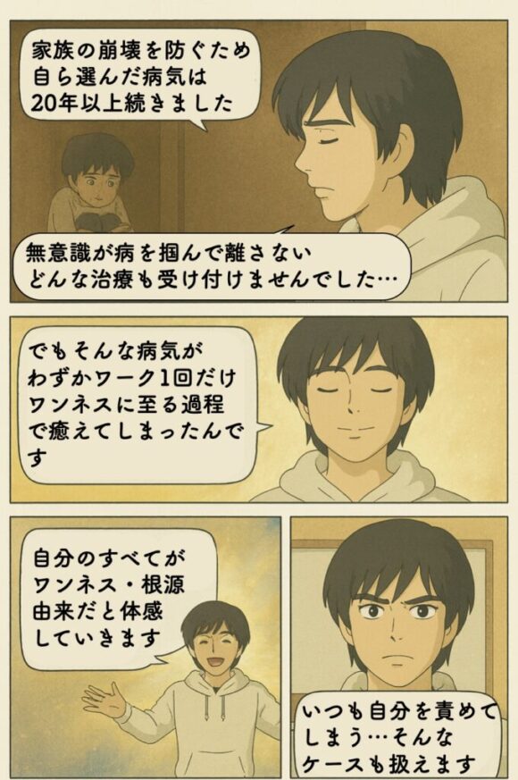 家族の崩壊を防ぐため自ら選んだ病気は 20年以上続きました。無意識が病を掴んで離さない どんな治療も受け付けませんでした…でもそんな病気が わずかワーク1回だけ ワンネスに至る過程で癒えてしまったんです 自分のすべてが ワンネス・根源 由来だと体感 していきます いつも自分を責めて しまう…そんな ケースも扱えます